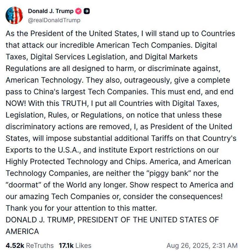 Trump droht Ländern mit Gesetzen zu Digitalkonzernen mit Zöllen 