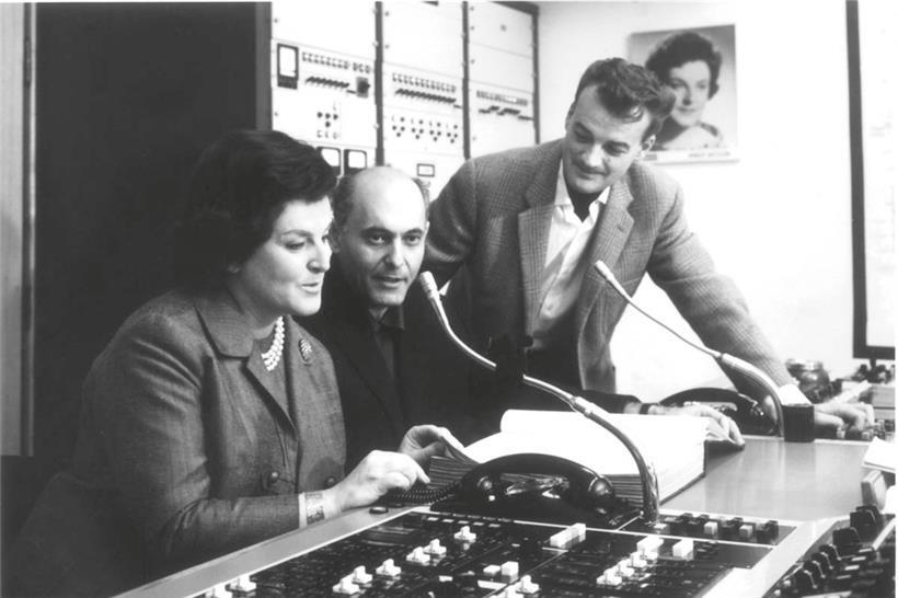 Birgit Nilsson, Sir Georg Solti und John Culshaw (v.l.n.r) bei der Tonaufnahme zum Solti-Ring
