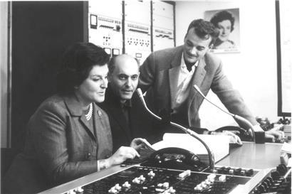 Birgit Nilsson, Sir Georg Solti und John Culshaw (v.l.n.r) bei der Tonaufnahme zum Solti-Ring
