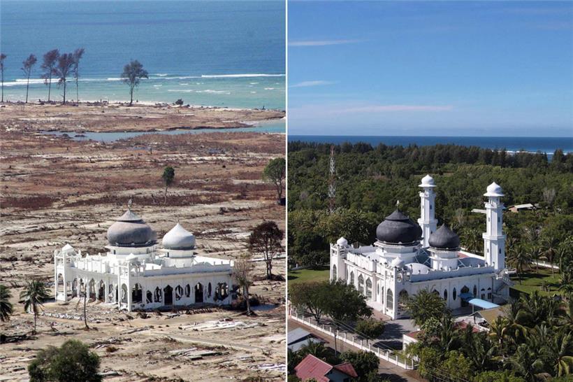 Blick auf die Rahmatullah-Moschee in Lhoknga in der indonesischen Provinz Aceh am 14. Januar 2005 (links) und der gleiche Ort im vorigen November

