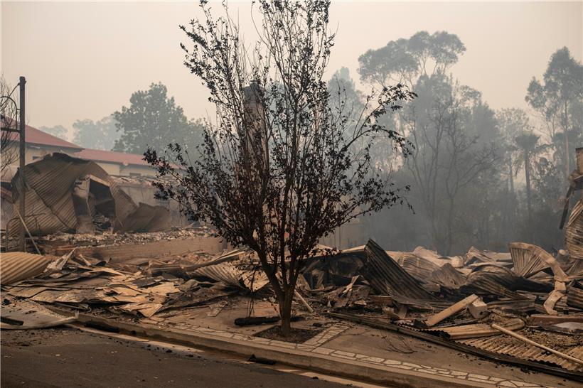 Blick auf von Buschfeuern zerstörte Gebäude. 
