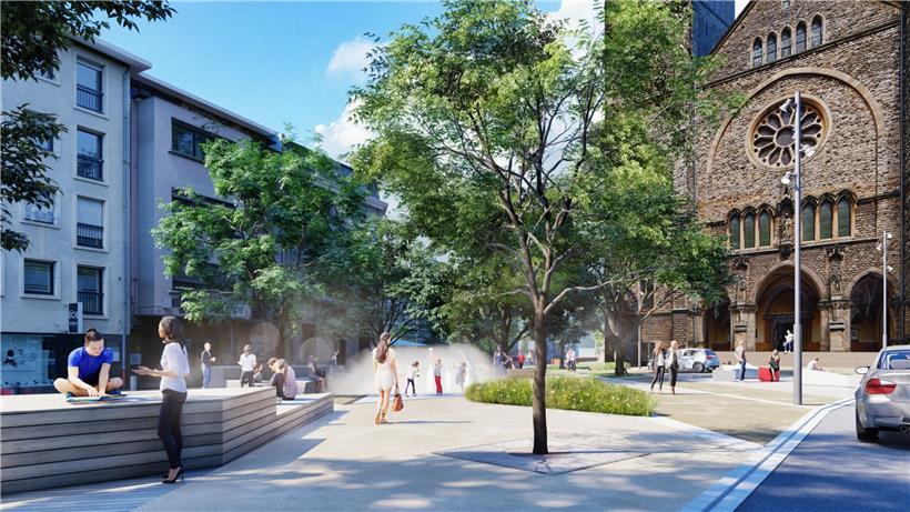 Blick in die Zukunft: Computersimulation des späteren neuen Frantz-Kinnen-Platzes mitsamt Kirchenfassade
