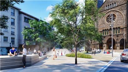 Blick in die Zukunft: Computersimulation des späteren neuen Frantz-Kinnen-Platzes mitsamt Kirchenfassade
