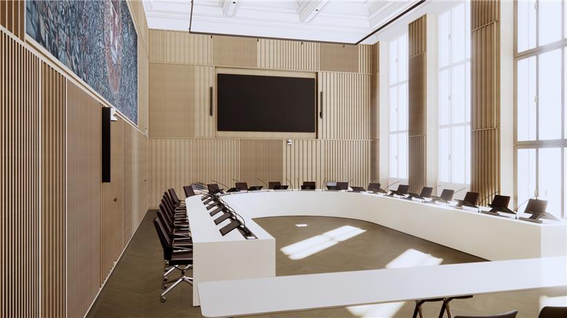 Blick in die nahe Zukunft. Architekt Jim Clemes zeichnet für die Neugestaltung des Sitzungs- und Hochzeitssaals verantwortlich. Im Februar 2022 sollen die Arbeiten fertig sein. 
