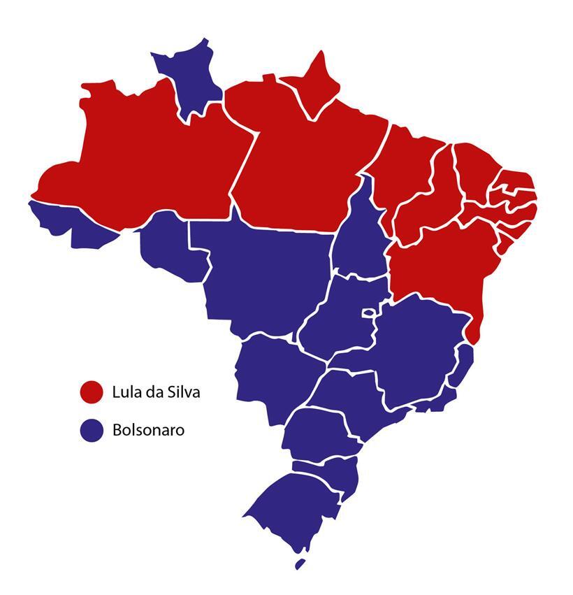 Brasilien aufgeteilt nach Anhängern von Lula da Silva (rot) und von Bolsonaro (blau). Ganz im Süden ist der Bundesstaat Rio Grande do Sul. Quelle: TV Globo