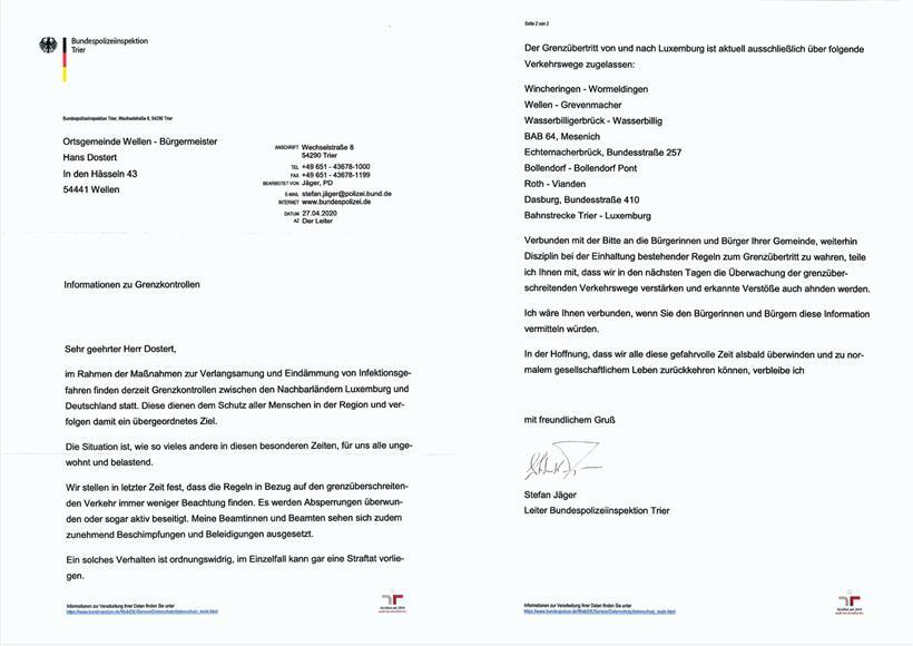Brief der Bundespolizeiinspektion Trier an die deutschen Grenzgemeinden
