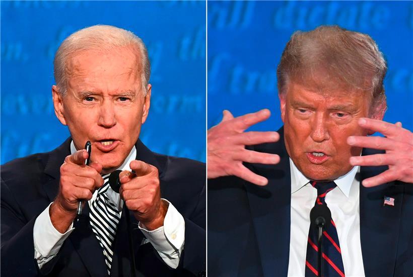 (COMBO) This combination of pictures created on September 29, 2020 shows Democratic Presidential candidate and former US Vice President Joe Biden (L) and US President Donald Trump speaking during the first presidential debate at the Case Western Reserve University and Cleveland Clinic in Cleveland, Ohio on September 29, 2020. (Photos by Jim WATSON and SAUL…
