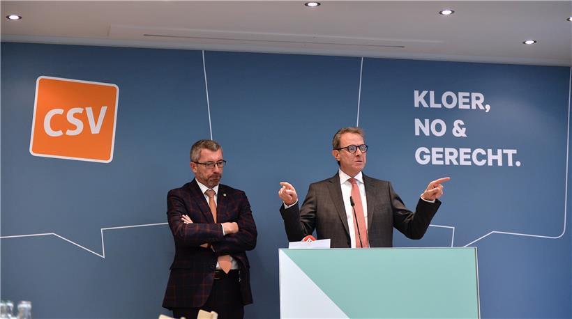 CSV-Generalsekretär Felix Eischen (r.) und Parteipräsident Frank Engel auf einer Pressekonferenz Ende 2019
