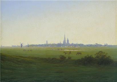 Caspar David Friedrich (1774-1840), „Wiesen bei Greifswald“, 1821/22, Öl auf Leinwand, 34,5 x 48,3 cm (© Hamburger Kunsthalle/bpk)
