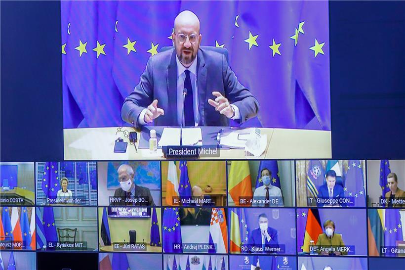 Charles Michel (oben), Präsident des Europäischen Rates, und die weiteren Teilnehmer des EU-Videogipfels
