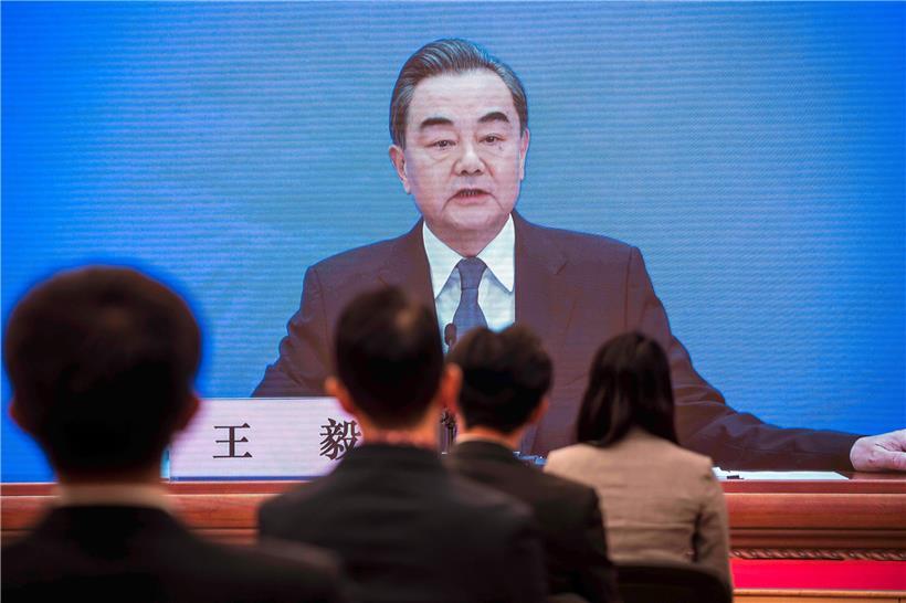Chinas Außenminister Wang Yi bei einer Video-Pressekonferenz am 24. Mai.
