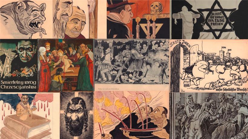 Collage antijüdischer Motive aus der Ausstellung „Plume de fiel – Images de haine“, die im neimënster vom 8. Juni bis zum 27. Juli 2022 zu sehen sein wird
