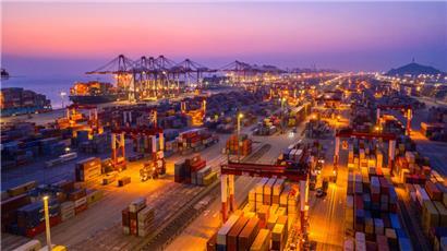 Containerbrücken und Container stehen im Hafen Yangshan in der Freihandelszone von Lin Gang
