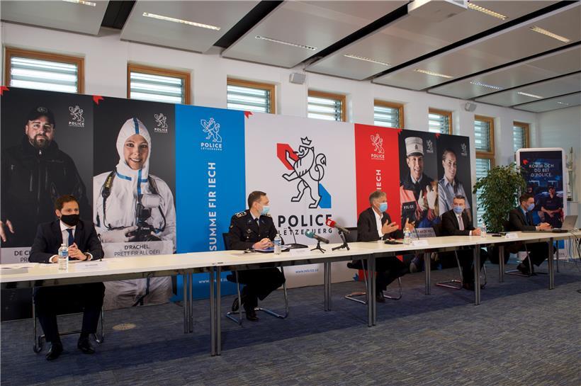 Corona und seine Konsequenzen – ob in den Statistiken der Kriminalität des Jahres 2020 oder bei der Pressekonferenz mit Maske: (v.l.n.r.) Marc Wagner, „Police judiciaire“, Donat Donven, beigeordneter Polizei-Generaldirektor, Henri Kox, Minister für innere Sicherheit, Jean-Louis Bordet, „Police judiciaire“
