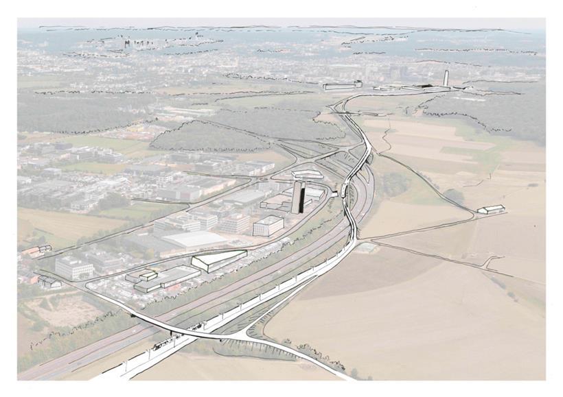 Darstellung der Tram-Brücke, die künftig am Ortseingang von Leudelingen über die Escher Autobahn A4 führen soll
