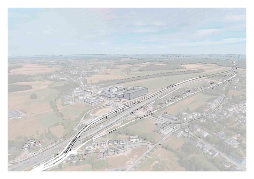 Darstellung der Tramtrasse entlang der Nordseite der Autobahn in Steinbrücken/Wickringen
