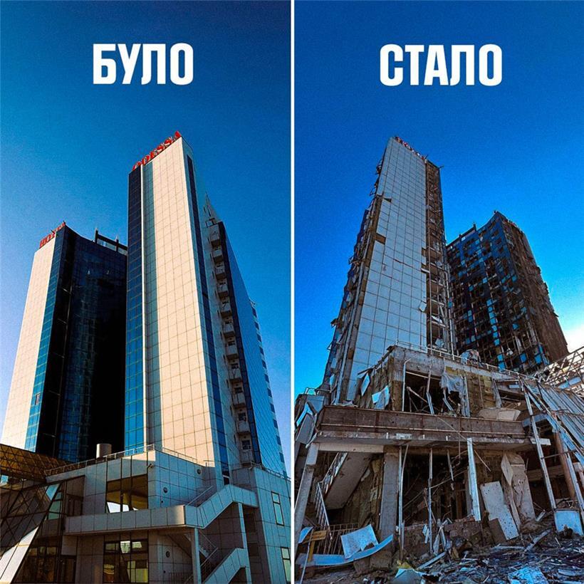 Das Bild zeigt ein Hotel in Odessa, vor und nach einem russischen Angriff

