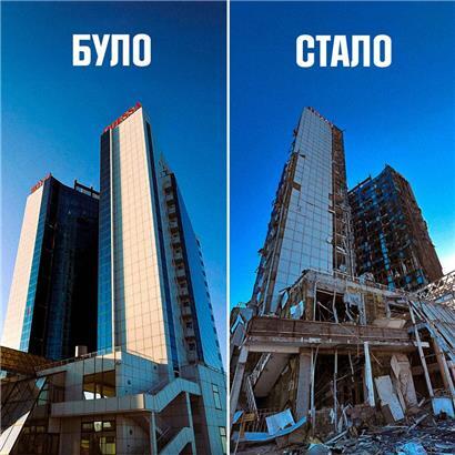 Das Bild zeigt ein Hotel in Odessa, vor und nach einem russischen Angriff
