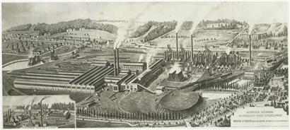 Das Hüttenwerk wurde nach 1913 mit den beiden neuen Hochöfen und, fünf Meter unterhalb der Hochofenreihe, den anderen neuen Anlagen modernisiert: dem Stahlwerk, den Walzwerken, dem Wasserturm und der Pumpstation (auf dem Gebiet von Schifflingen). Im Vordergrund rechts das Koksdepot, die elektrische Zentrale und der erste Wasserturm, das Schloss Metz-Tesch und die Ingenieurvillen längs der…
