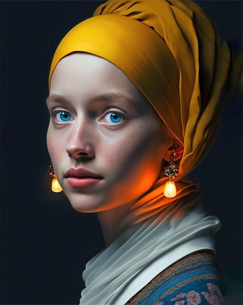 Das Kunstwerk „A Girl With Glowing Earrings“ von Julian van Dieken (undatiert). Der Fotograf und „Digital Creator“ van Dieken hat mithilfe einer KI das Bild erschaffen.
