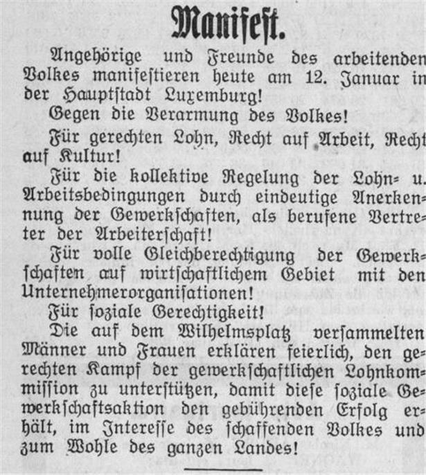 Manifest der Kundgebung vom 12. Januar 1936 im Escher Tageblatt, historische Dokumentation der Zeitgeschichte
