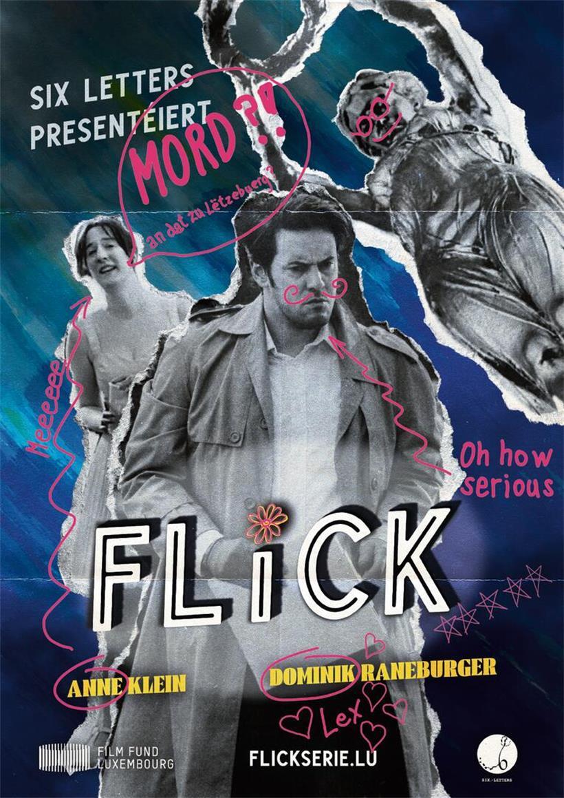 Die Luxemburger Webserie „Flick“ sagt Krimi-Klischees lächelnd den Kampf an Plakat der Webserie „Flick“ mit modernem Design und markantem Schriftzug auf dunklem Hintergrund