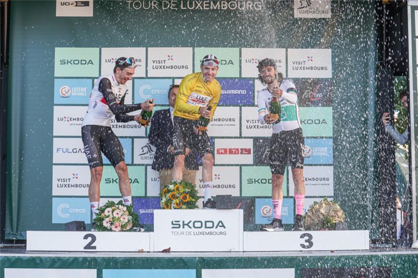 Das Podium der diesjährigen Tour de Luxembourg: Erster wurde Marc Hirschi, Zweiter Brandon McNulty und dritter Ben Healy
