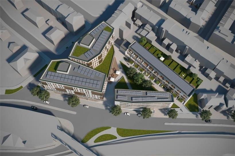 Das „Portal Eent“: links die beiden Appartementblöcke, rechts das Studentenhaus ...