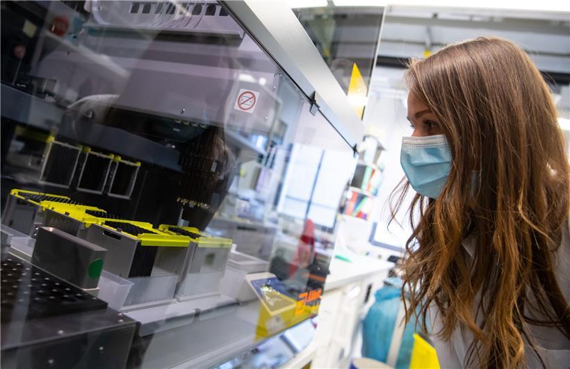 Das Symbolfoto zeigt die Überprüfung eines Pipettierroboters, der Covid-19-Proben für die weitere Analyse vorbereitet
