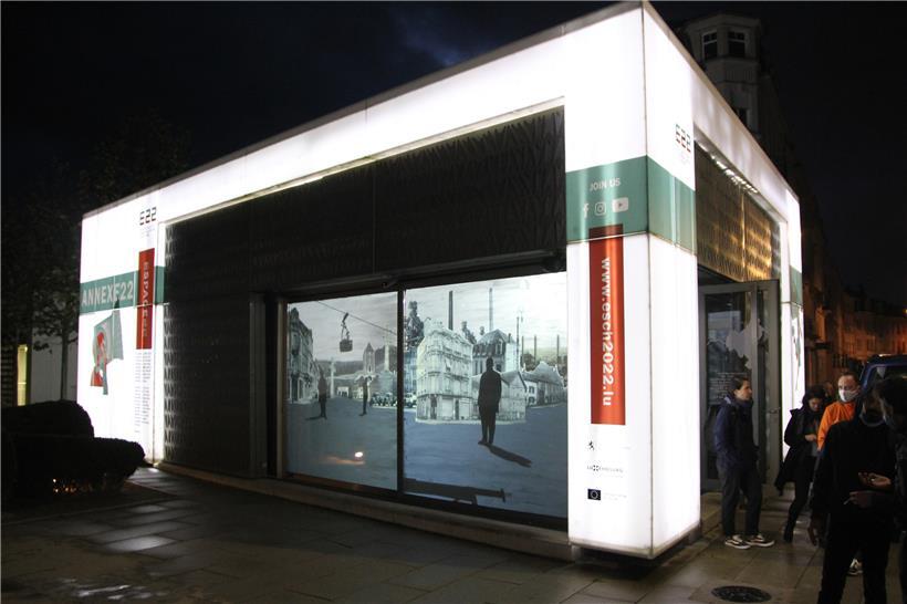 Das „Temporary History Lab“ im Herzen der Stadt Esch auf dem Brill-Platz, im sogenannten „Annexe22“, einem der beiden Pavillons der Örtlichkeit

