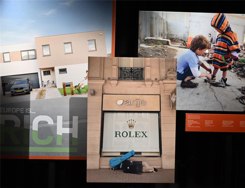 Das Thema Reichtum: links ein typisch luxemburgisches Haus des Mittelstandes, vorne ein „clochard“ in Paris, rechts Kinder in Rumänien
