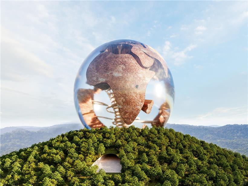 Außenansicht des UNESCO Museum of Stolen Cultural Objects in Form einer Weltkugel, Innenraum mit Baobab-Baum inspirierter Struktur