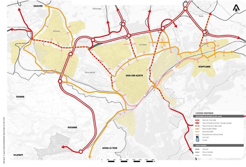 Das Verkehrsnetz in und um Esch. Der Pendlerverkehr soll die in Rot eingezeichne...