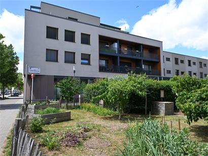 Grünes Wohnviertel Wunnen am Park mit modernen Häusern und gepflegten Gärten im urbanen Umfeld