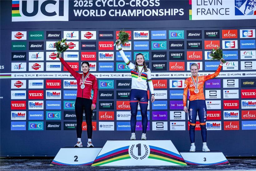 Das WM-Podium der Espoirs: Marie Schreiber, Zoe Backstedt und Leonie Bentveld (von links nach rechts)
