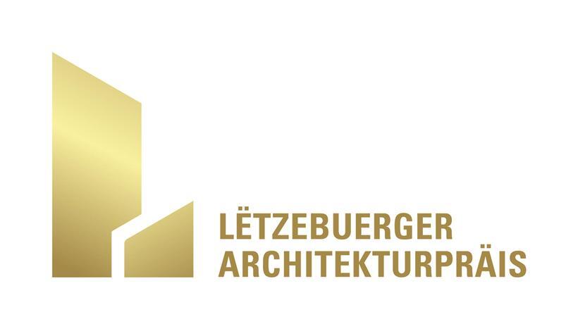 Der neunte Luxembourg Architecture Award und der erste Lëtzebuerger Architekturpräis stehen vor der Tür Modernes, minimalistisches Firmenlogo in Blau und Weiß auf weißem Hintergrund, repräsentiert Markenidentität und Designinnovation