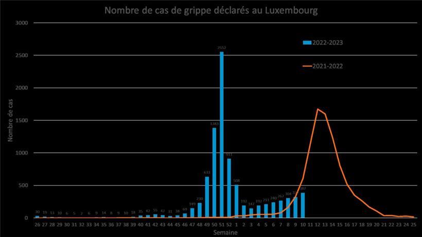 Deklarierte Grippefälle in Luxemburg: die Jahre 2021-2022 und 2022-2023 im Vergleich
