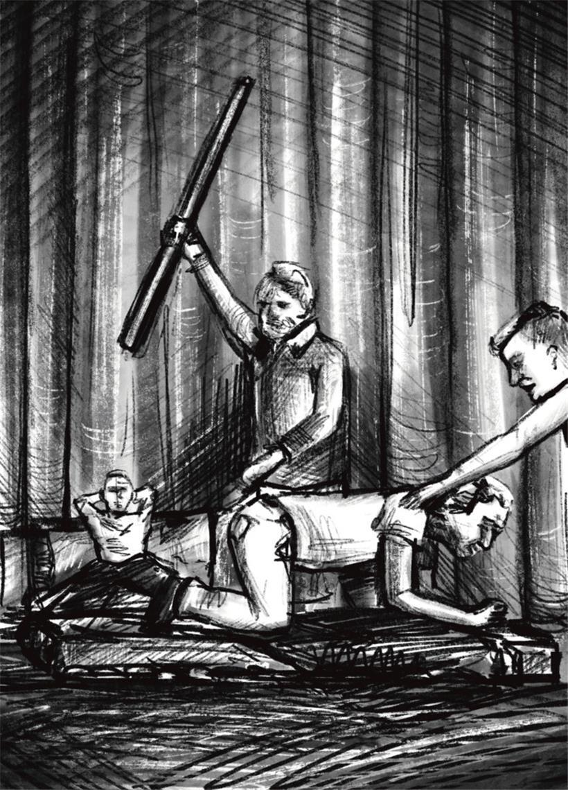 Dem Tageblatt zeigte Tom ein älteres Foto des Rituals mit dem Stab. Damit die vier dort abgebildeten Beteiligten unerkannt bleiben können, wurde es an dieser Stelle nachgezeichnet. Der kniende Schüler auf dem Bild ist komplett bekleidet.
