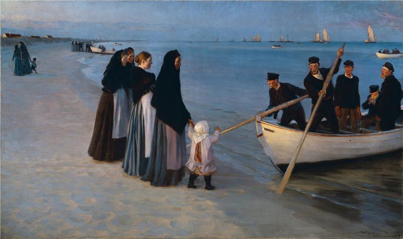 Départ des bateaux de pêche après le coucher du soleil
