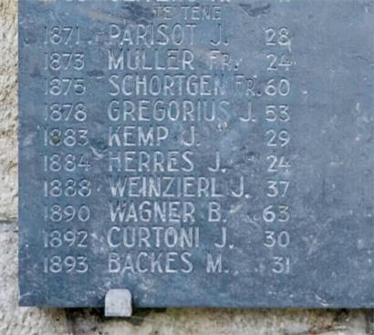 Der 1878 von einem Erzblock erschlagene Grubenarbeiter Jean Gregorius steht neben anderen Tetingern auf einer der Steintafeln des nationalen Bergarbeiterdenkmals in Kayl, das in den 1950er Jahren zu Ehren der fast 1.500 tödlich verunglückten Bergleute errichtet wurde