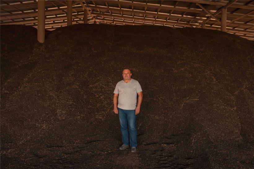 Der 52-jährige Oleksandr Ryjabinin steht in einer Lagerhalle inmitten seiner Sonnenblumenkerne
