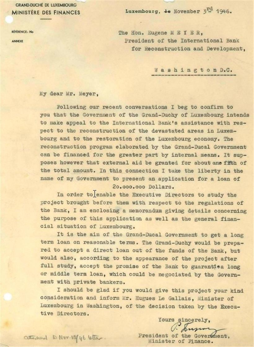 Der Brief von Premierminister Pierre Dupong zur Anfrage des Kredits
