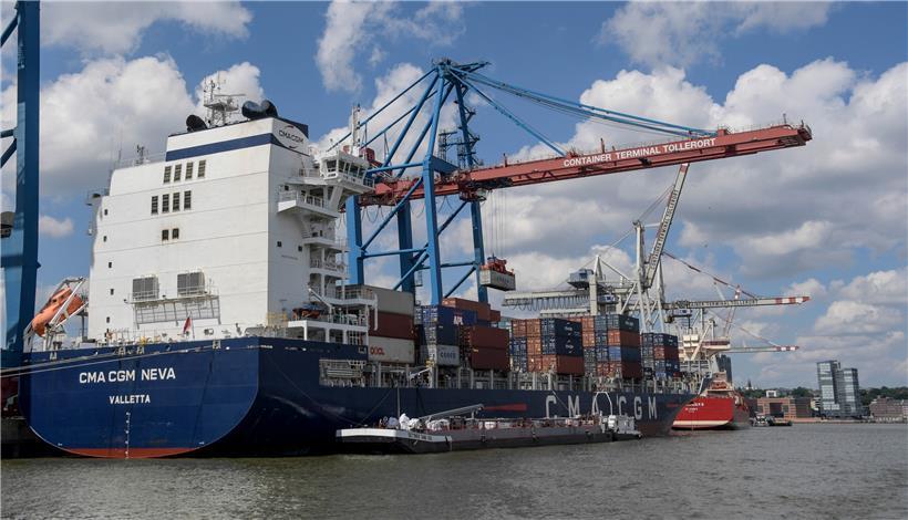 Der Containerfrachter "CMA CGM Neva" wird am Terminal Tollerort in Hamburg entladen (Symbolfoto)
