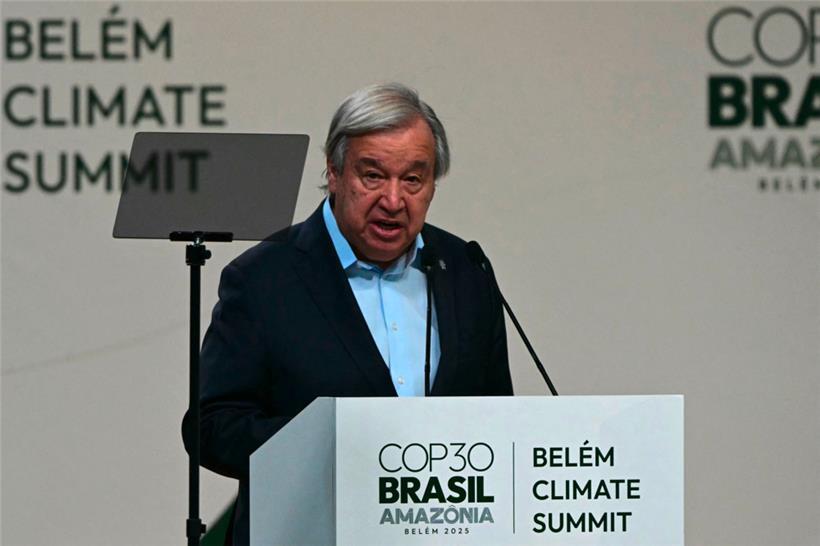 Der Generalsekretär der Vereinten Nationen (UN), Antonio Guterres, hält am 6. November 2025 eine Rede während der Generalversammlung der Staats- und Regierungschefs im Rahmen der COP30-Klimakonferenz der Vereinten Nationen in Belém
