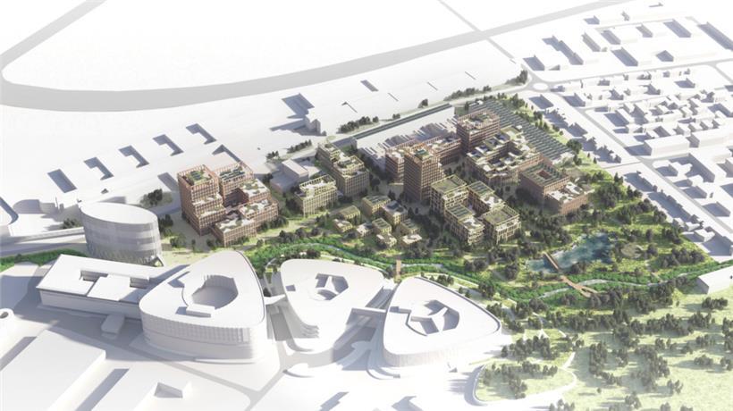 Der Masterplan für das Campus der Gesundheitstechnologien neben dem Südspidol (große Gebäude links im Bild) in Esch  
