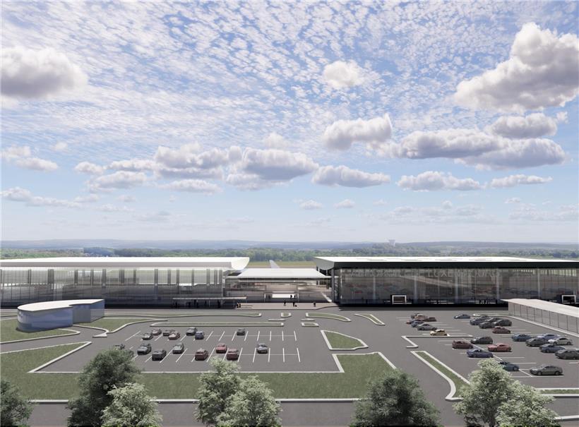 Passagierbereich des Flughafens mit zwei neuen Gebäuden im Osten und der aktuellen Eingangshalle rechts im Bild