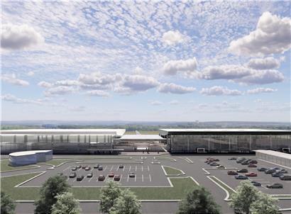 Passagierbereich des Flughafens mit zwei neuen Gebäuden im Osten und der aktuellen Eingangshalle rechts im Bild