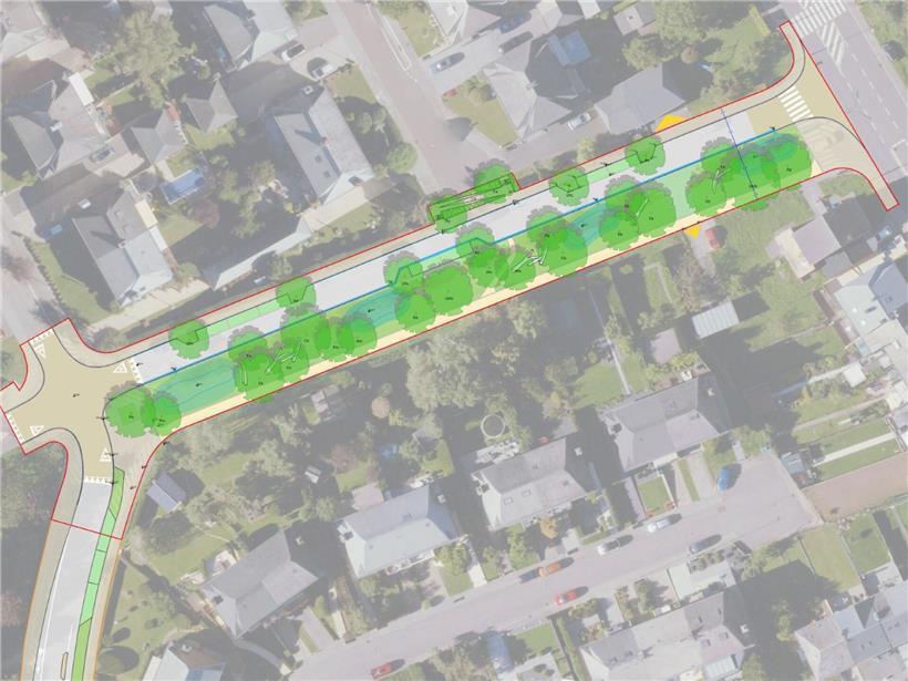 Detaillierter Überblicksplan von oben zeigt Gebäudestrukturen und Wege im urbanen Bereich