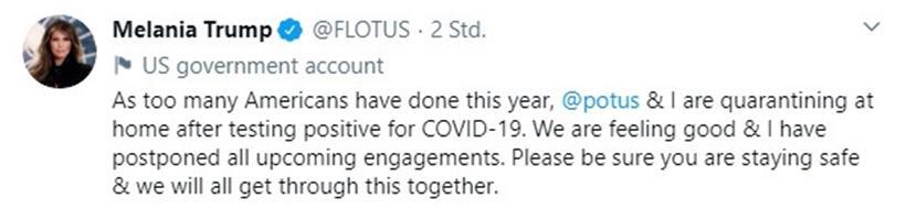 Der Screenshot zeigt einen Tweet von Melania Trump, der Ehefrau des US-Präsidenten Donald Trump. Einen Monat vor der US-Wahl haben sich Präsident Donald Trump und First Lady Melania mit dem Coronavirus angesteckt.
