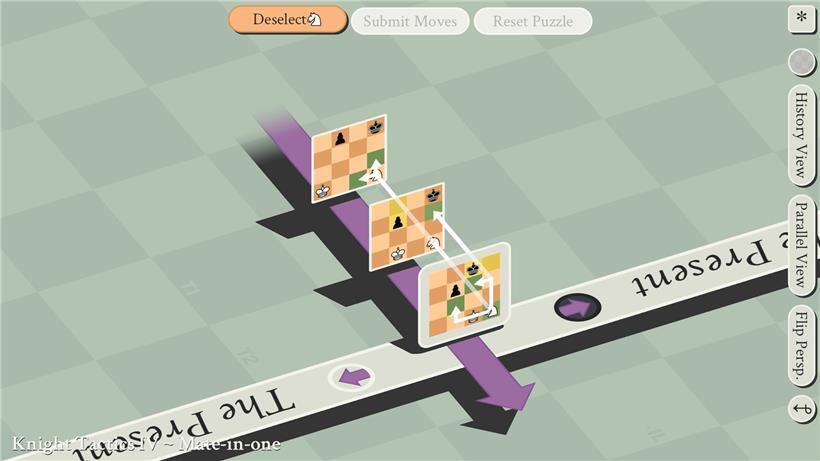 Der Springer kann sich entweder normal auf dem Brett bewegen oder aber Schritte in die Vergangenheit machen
